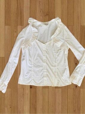 Puli Vintage White Ruffle Trim Edwardian Button-Down Blouse